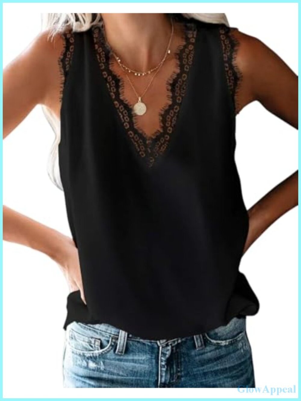 Lace Trim V-Neck Tank Top Sleeveless Summer Blouse